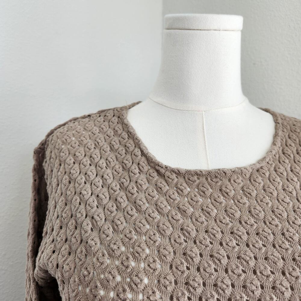 Vintage 90s Taupe Brown Open Knit Long Sleeve Pullover Sweater Top Neutral L - Picture 3 of 9